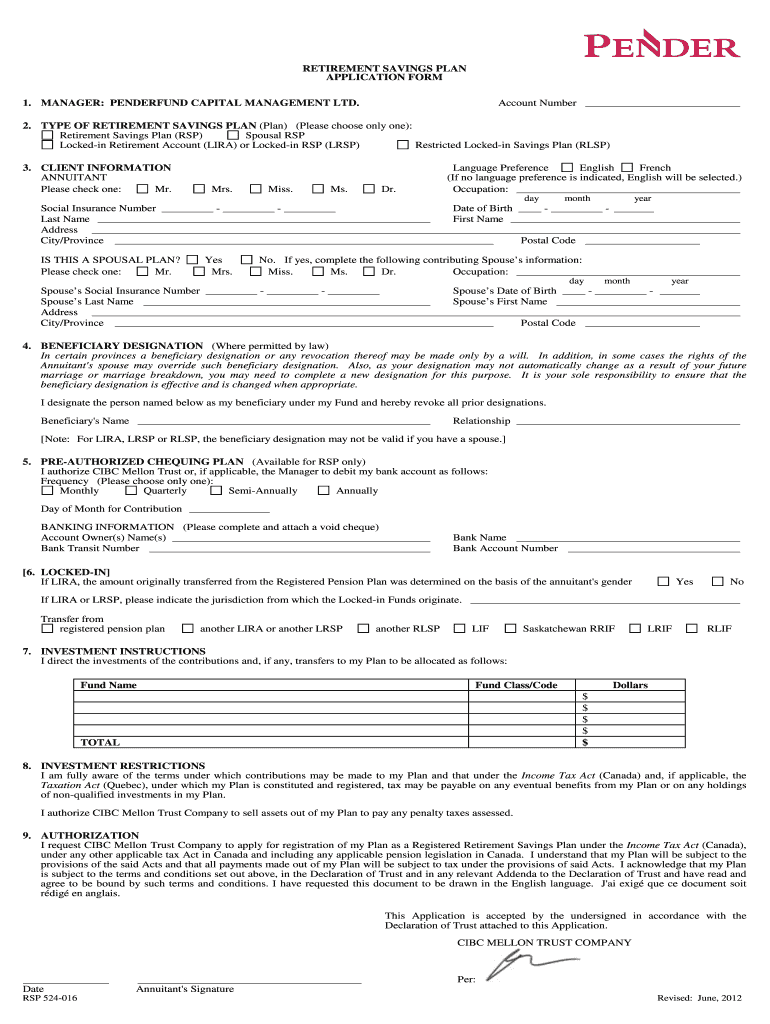 Fillable Online RETIREMENT SAVINGS PLAN APPLICATION FORM 1 MANAGER Fax 