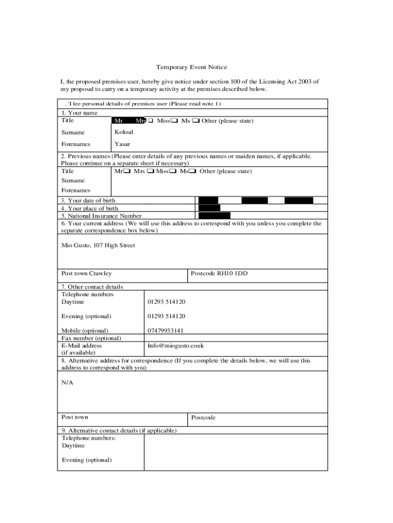 Fillable Online Temporary Event Notice Form Hillingdon Council Fax 