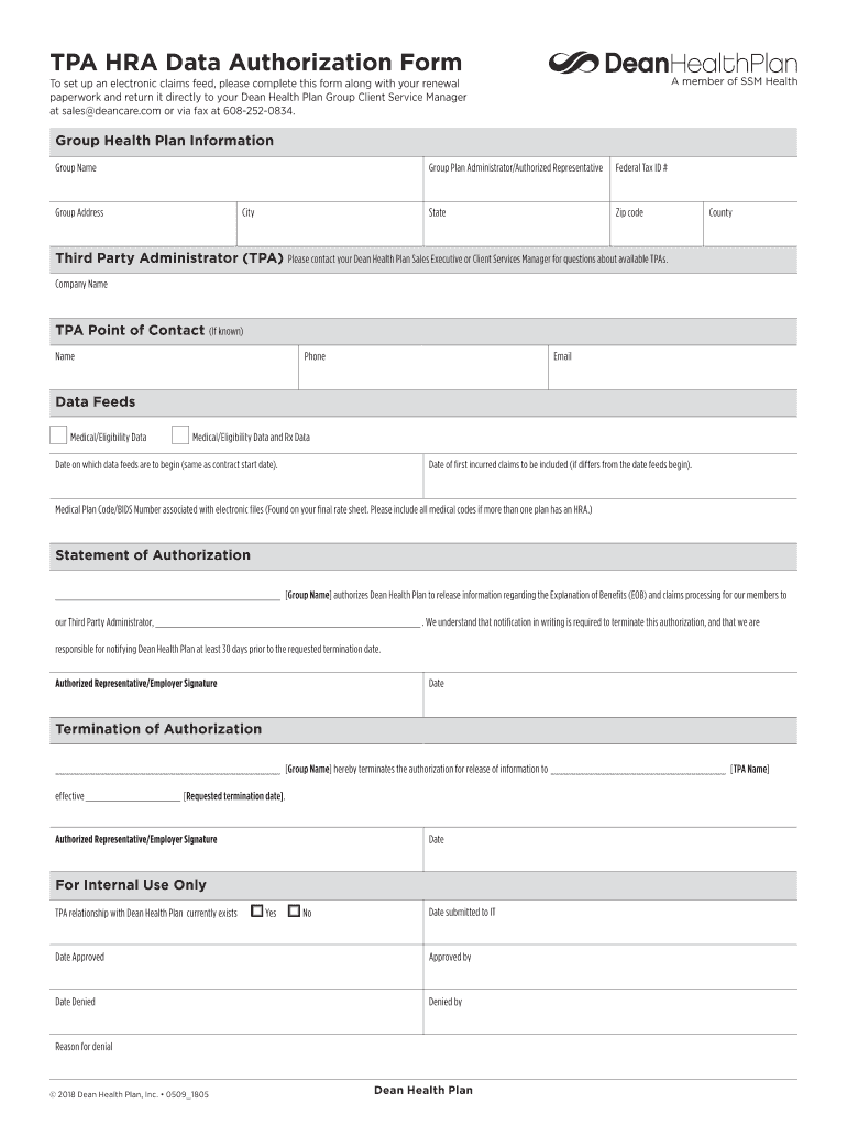 Fillable Online TPA HRA Data Authorization Form Dean Health Plan Fax