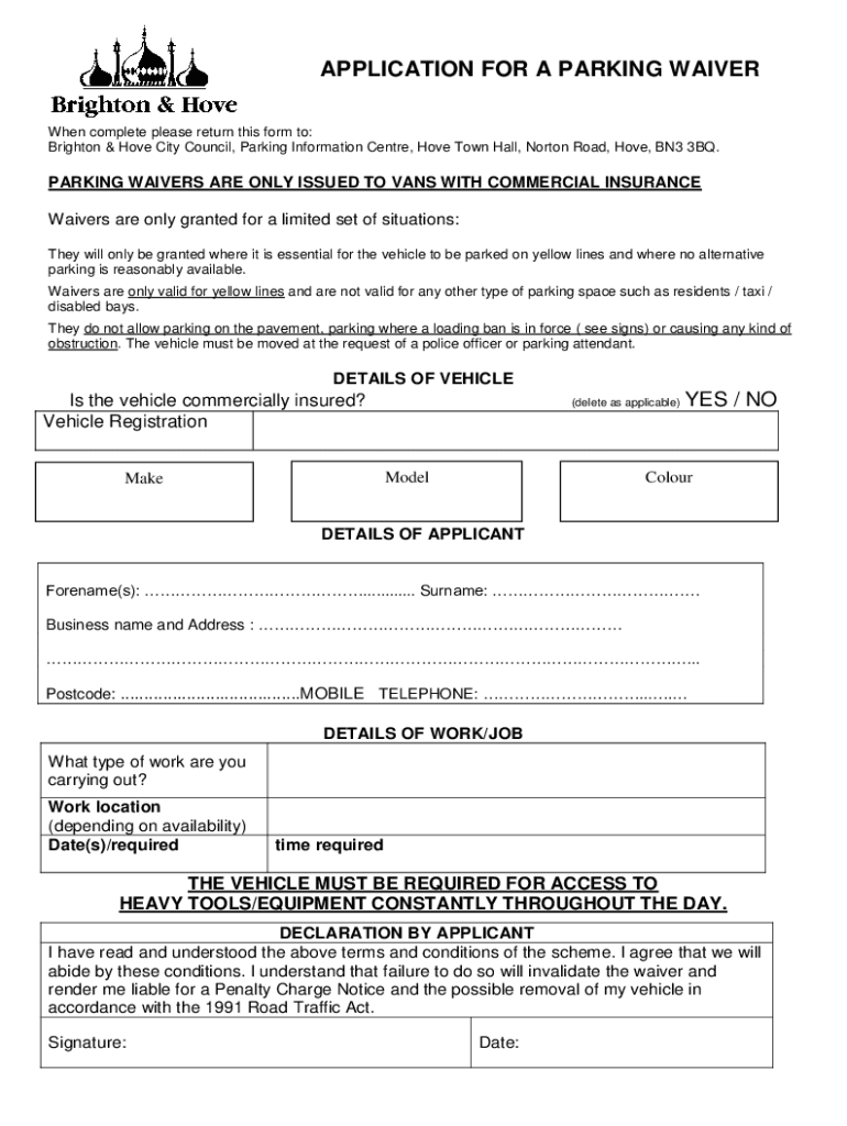 Fillable Online Waiver Application Form PDF 55KB Brighton Hove