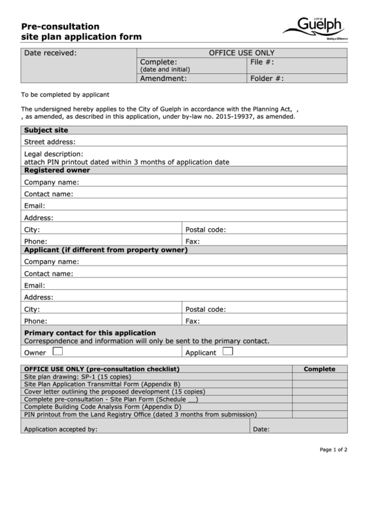 Fillable Pre Consultation Site Plan Application Form City Of Guelph 