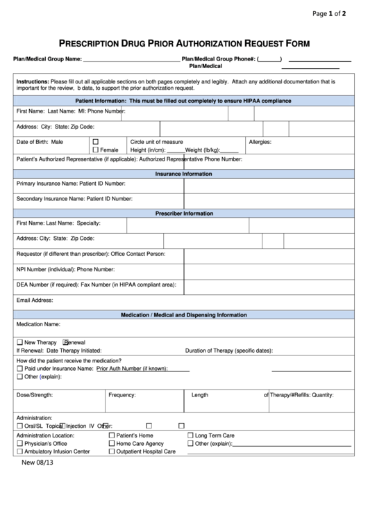 Fillable Prescription Drug Prior Authorization Request Form Printable 