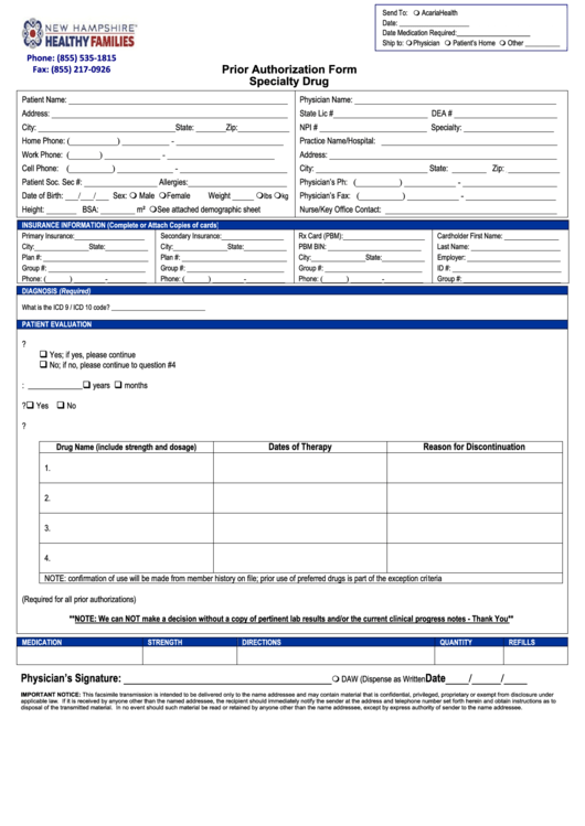 Fillable Prior Authorization Form Specialty Drug New Hamphire 