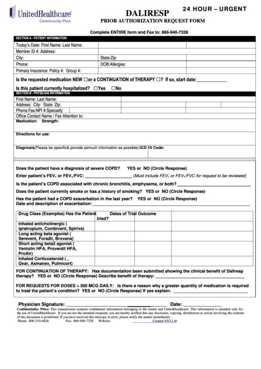 Fillable Unitedhealthcare Prior Authorization Request Form Daliresp 