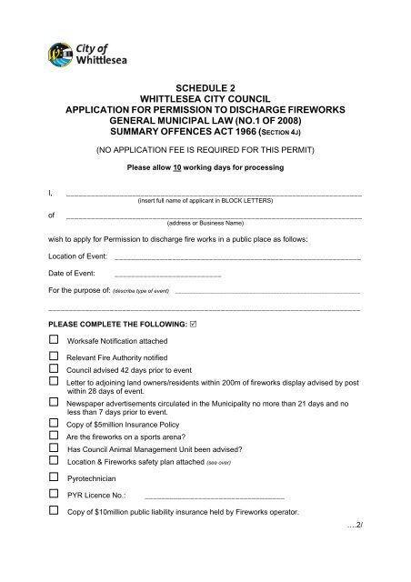 Fireworks Permit Application Form City Of Whittlesea