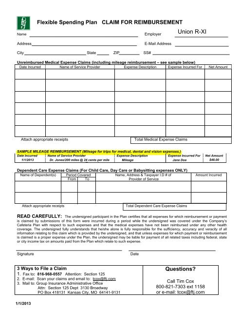 Flexible Benefits Plan Claim Form Union R XI School District