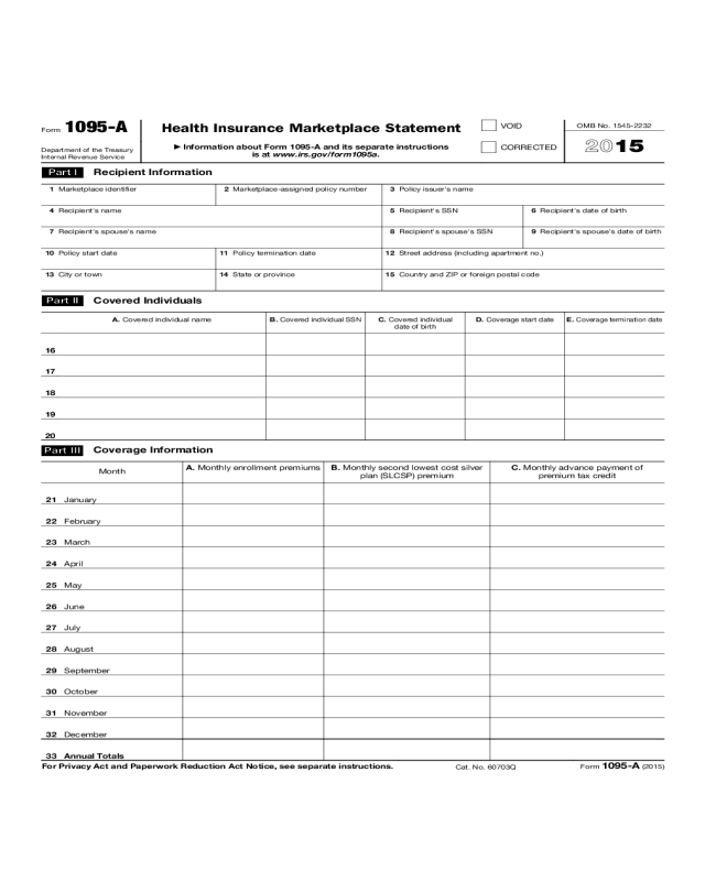 Form 1095 A Health Insurance Marketplace Statement 2015 Edit 