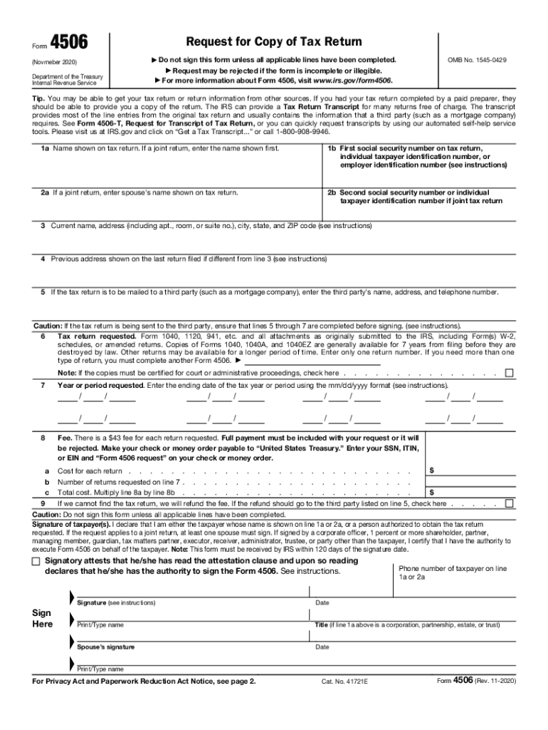 Form 4506 Rev 11 Request For Copy Of Tax Return Fill Out And Sign 