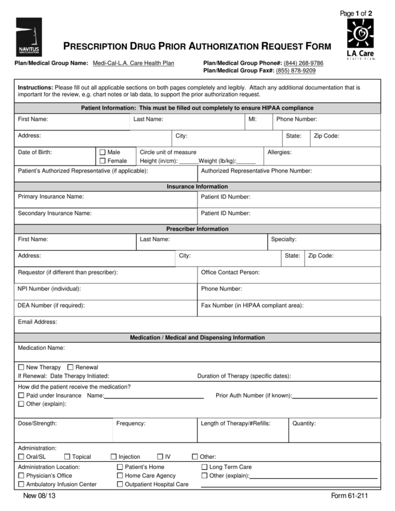 Form 61 211 Download Printable PDF Or Fill Online Prescription Drug 