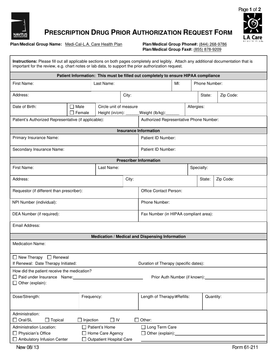 Form 61 211 Download Printable PDF Or Fill Online Prescription Drug