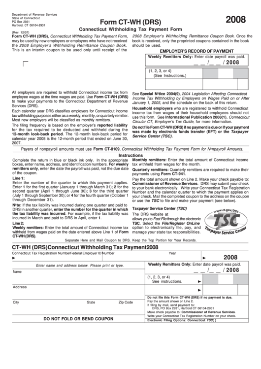 Form Ct Wh Drs Connecticut Withholding Tax Payment Form 2008