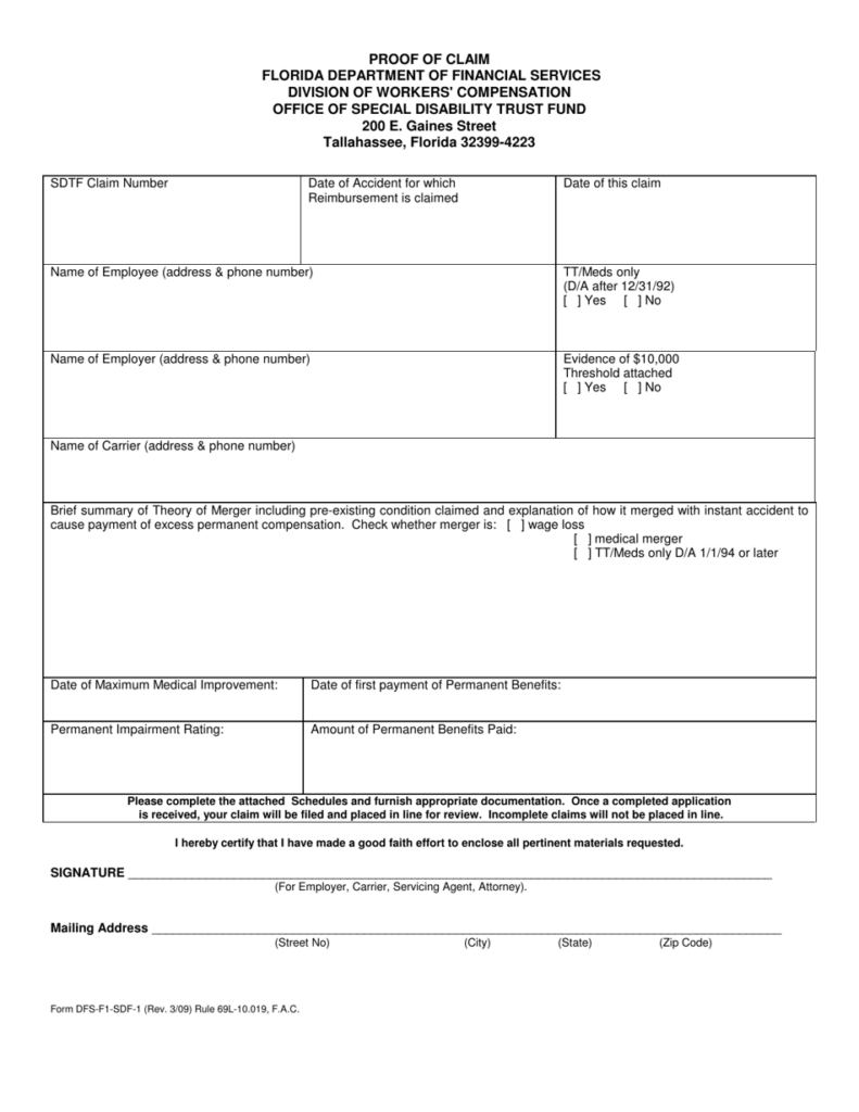 Form DFS F1 SDF 1 Download Printable PDF Or Fill Online Proof Of Claim 