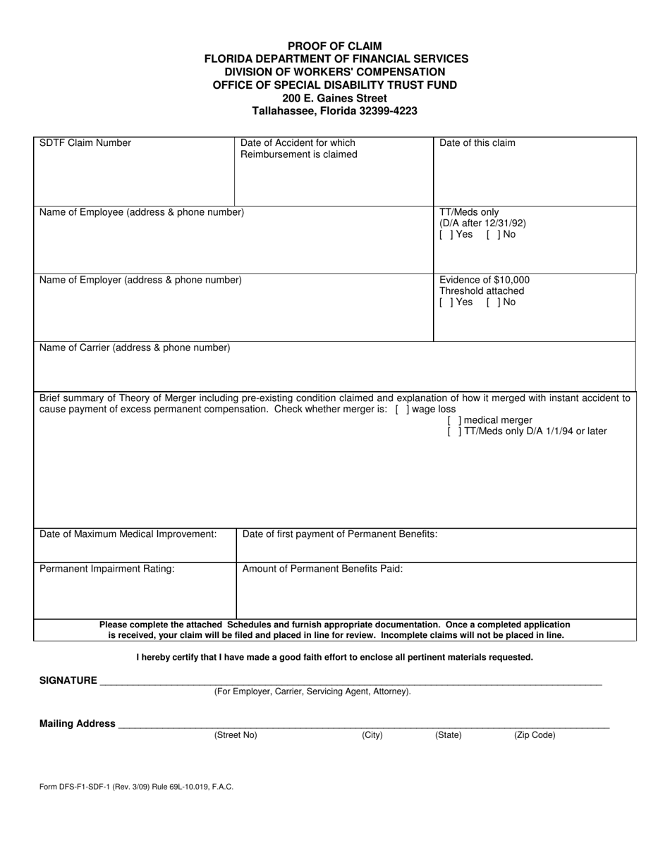 Form DFS F1 SDF 1 Download Printable PDF Or Fill Online Proof Of Claim