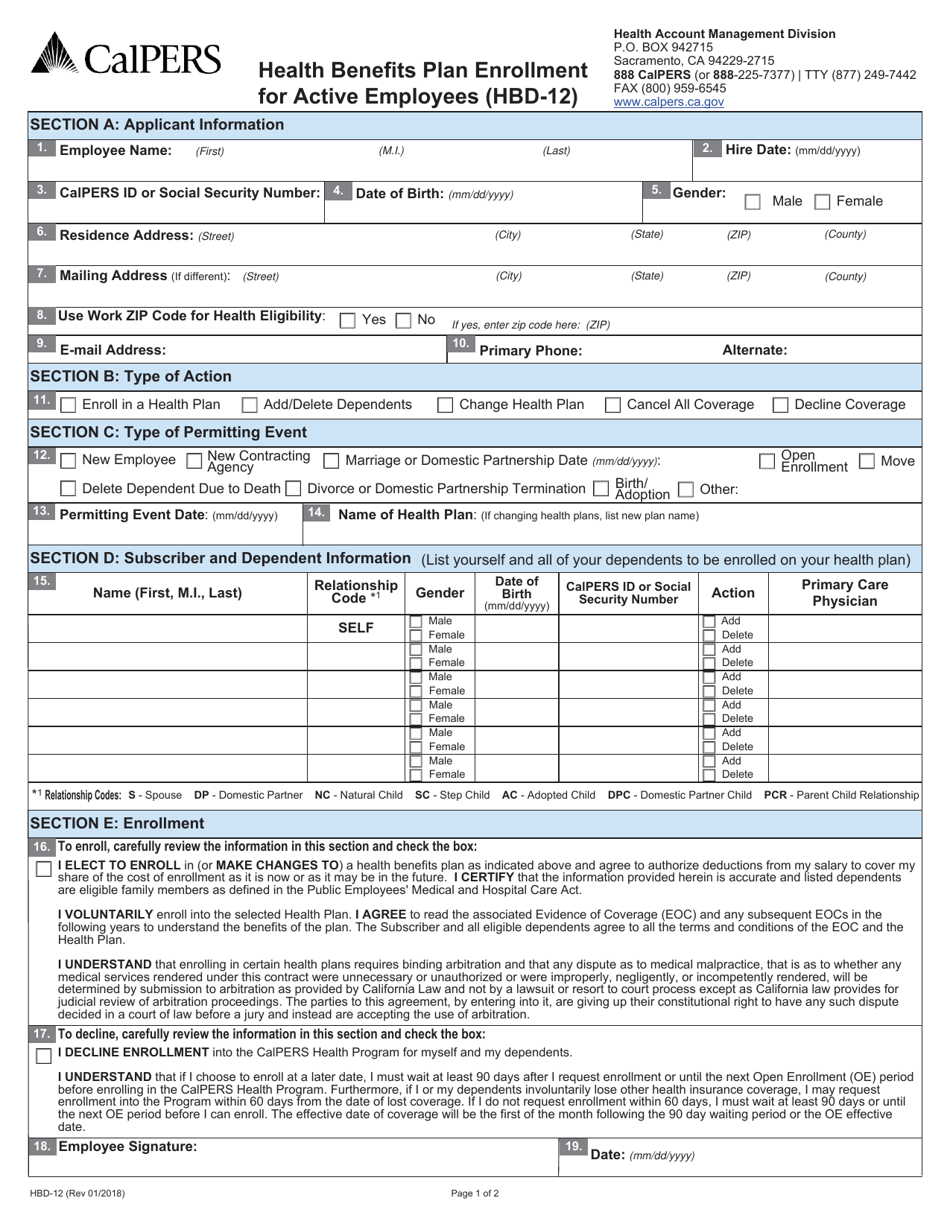 Form HBD 12 Download Fillable PDF Or Fill Online Health Benefits Plan 