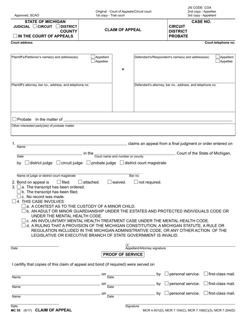 Form MC55 Download Fillable PDF Or Fill Online Claim Of Appeal Michigan 