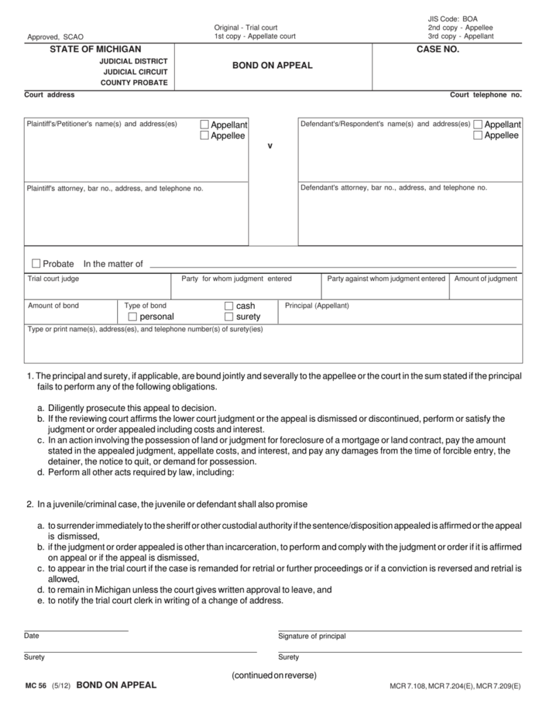 Form MC56 Download Fillable PDF Or Fill Online Bond On Appeal Michigan 