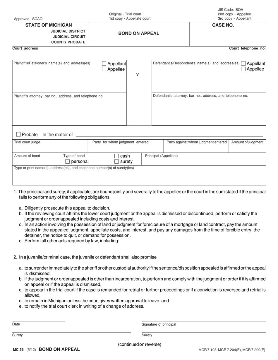 Form MC56 Download Fillable PDF Or Fill Online Bond On Appeal Michigan 