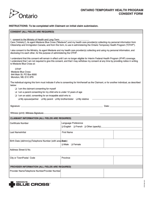 Form Othp 003 Ontario Temporary Health Program Consent Form Printable 