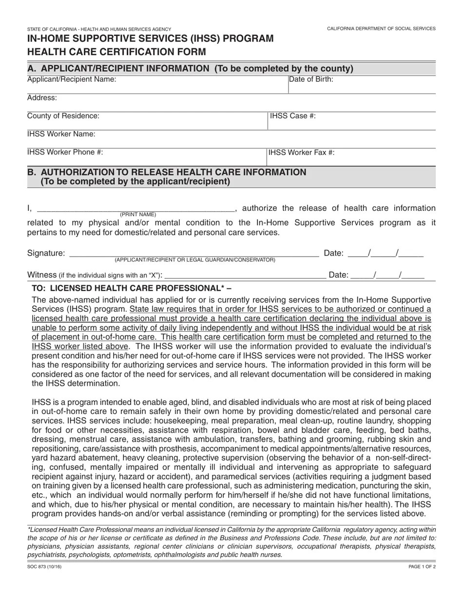 Form SOC873 Download Fillable PDF Or Fill Online In home Supportive