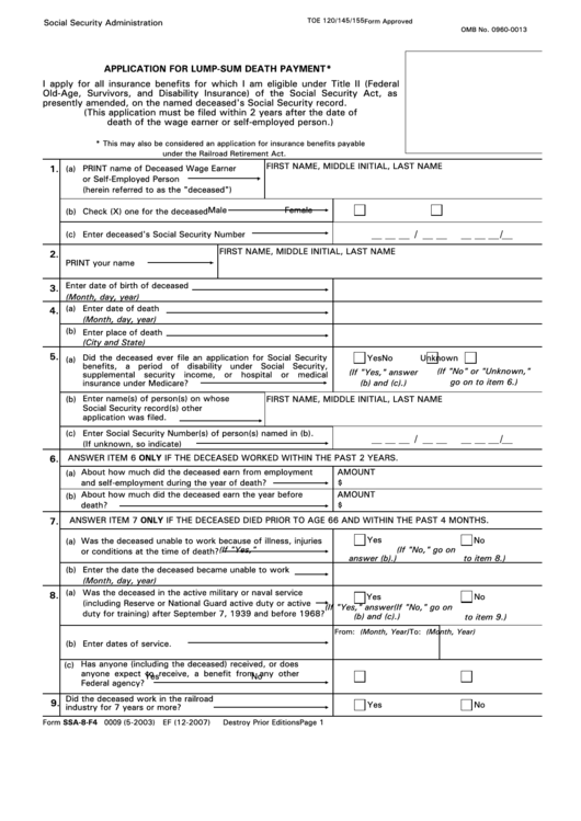 Form Ssa 8 F4 Application For Lump Sum Death Payment Printable Pdf 