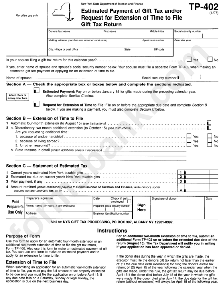 Form Tp 402 Estimated Payment Of Gift Tax And or Request For 