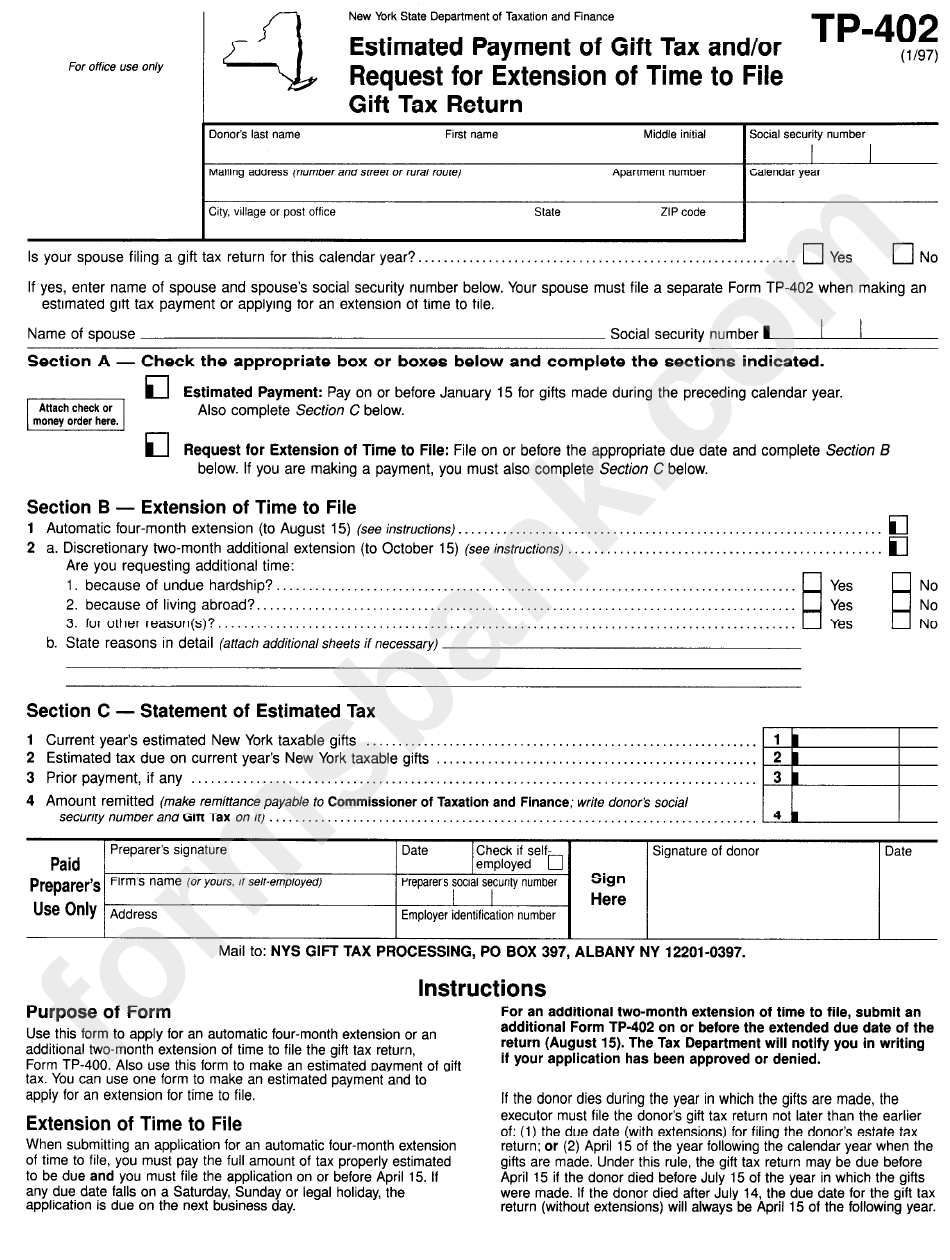 Form Tp 402 Estimated Payment Of Gift Tax And or Request For 