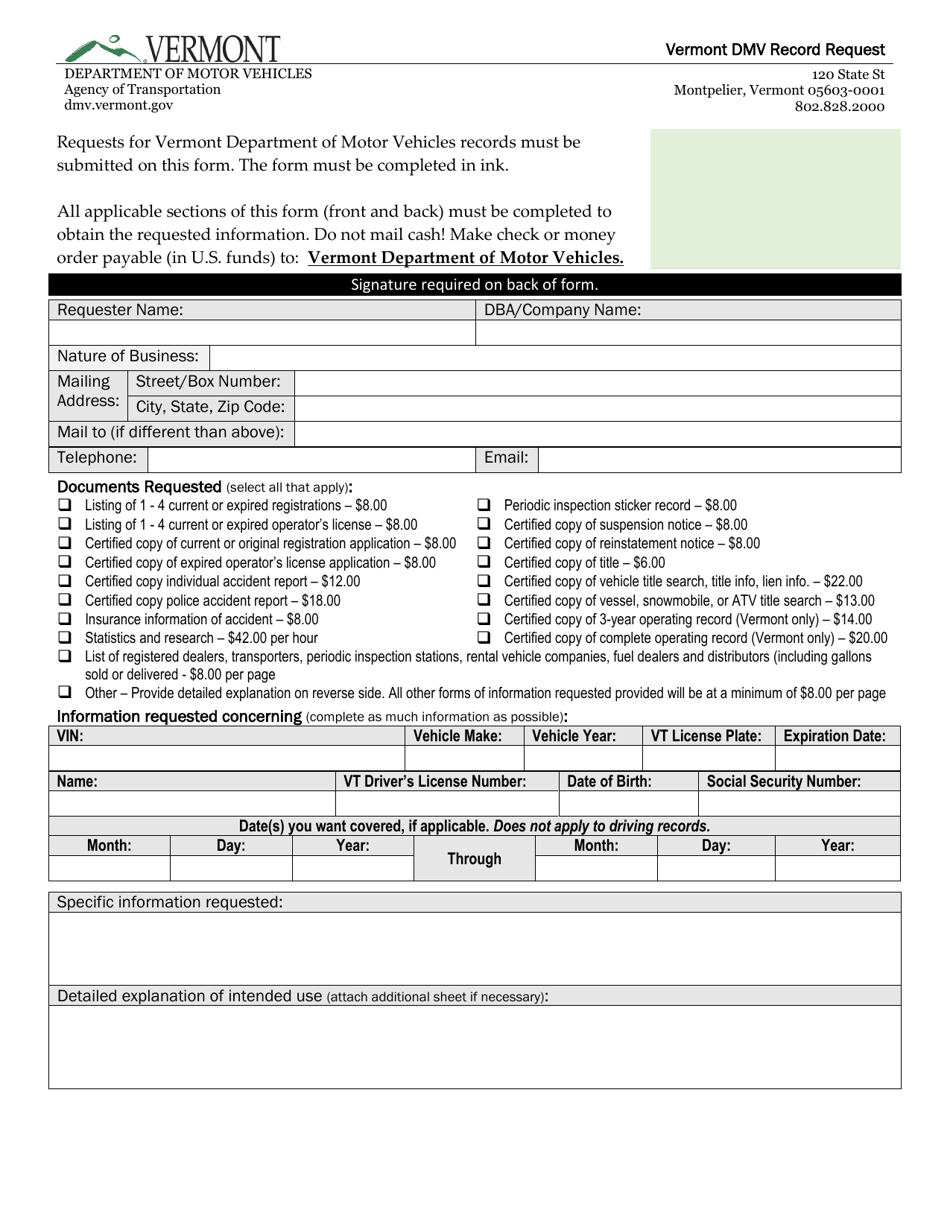 Form VG 116 Download Fillable PDF Or Fill Online Vermont DMV Record 