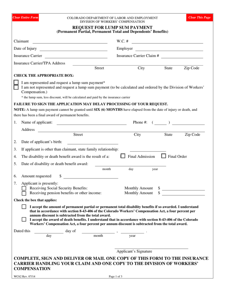 Form WC62 Download Fillable PDF Or Fill Online Request For Lump Sum 