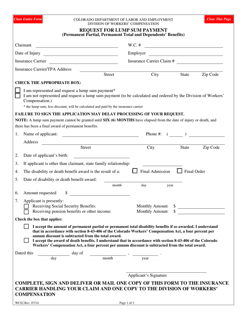 Form WC62 Download Fillable PDF Or Fill Online Request For Lump Sum