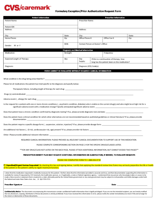 Formulary Exception prior Authorization Request Form Printable Pdf Download