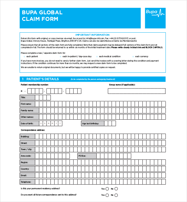 FREE 11 Sample Medical Claim Forms In PDF MS Word Excel