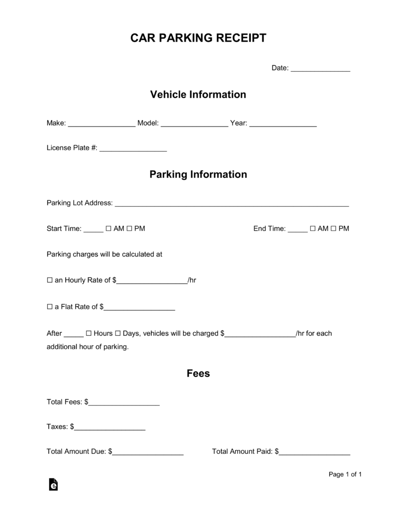 Free Car Vehicle Parking Receipt Template PDF Word EForms