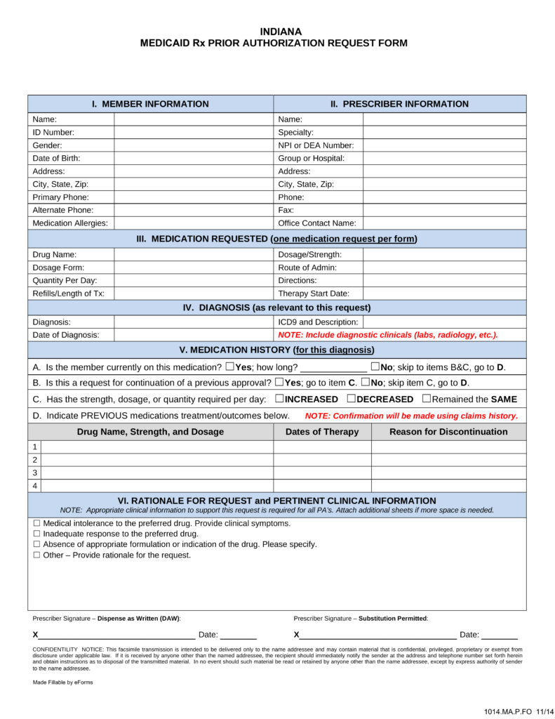 Free Indiana Medicaid Prior Rx Authorization Form PDF EForms 