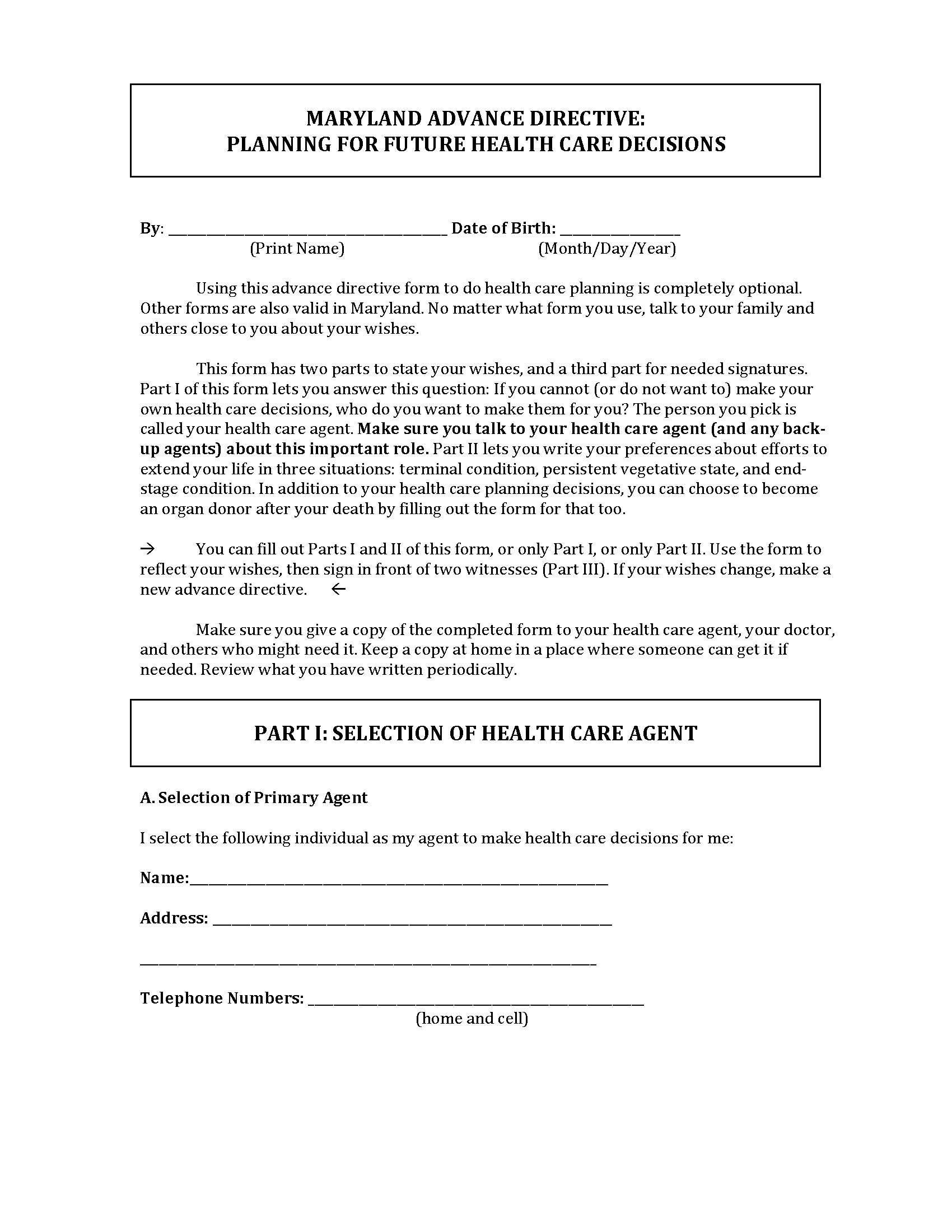 Free Maryland Advance Directive Form PDF Word EForms