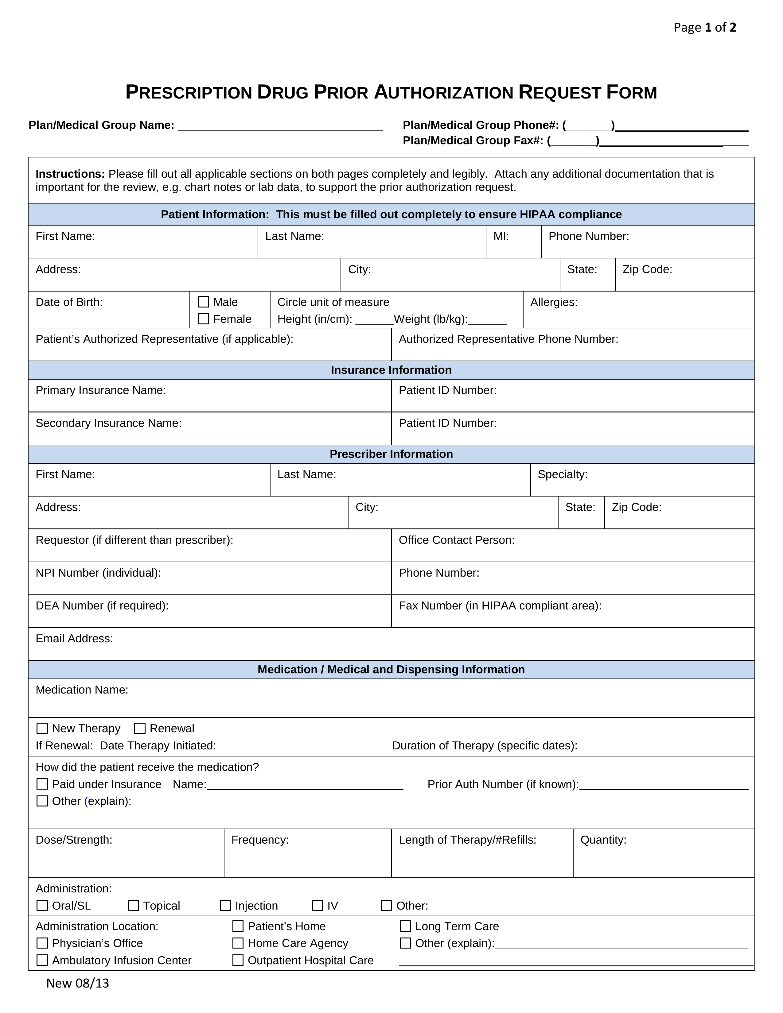 Free Medicaid Rx Prior Authorization Forms PDF EForms