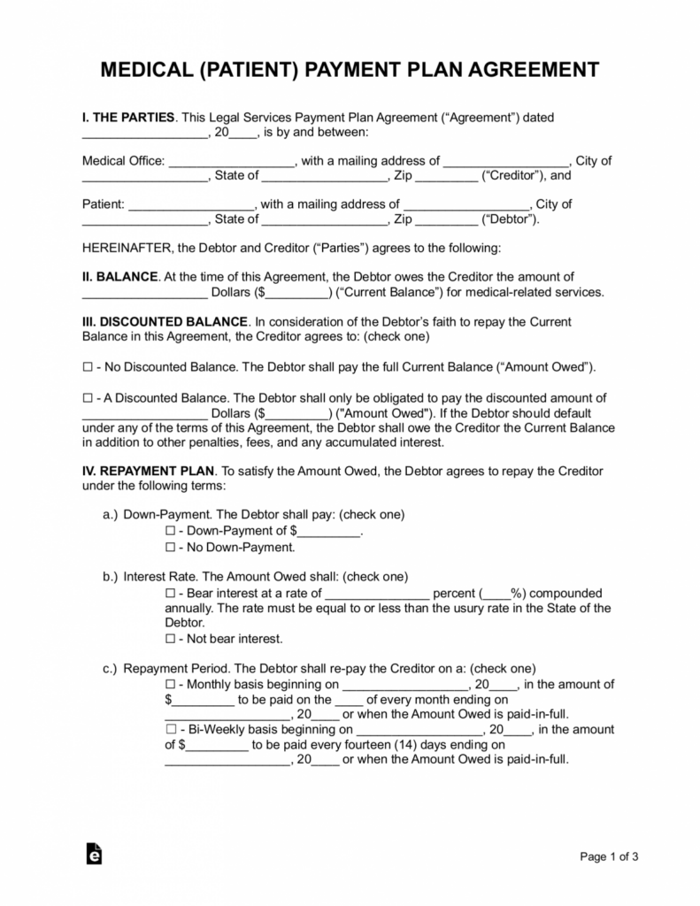Free Medical Patient Payment Plan Agreement Word PDF EForms