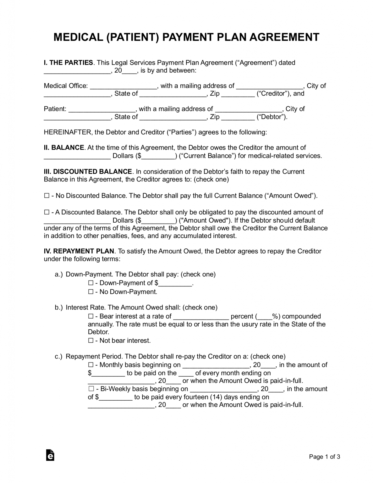 Free Medical Patient Payment Plan Agreement Word PDF EForms