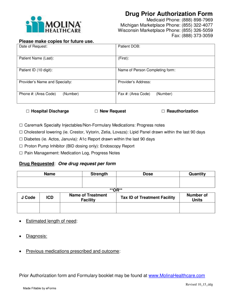 Free Molina Healthcare Prior Rx Authorization Form PDF EForms