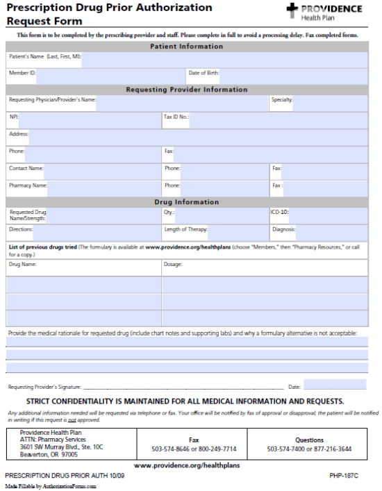 Free Providence Health Prior Prescription Rx Authorization Form PDF 