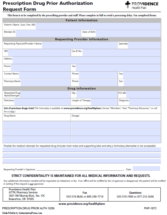 Free Providence Health Prior Prescription Rx Authorization Form PDF
