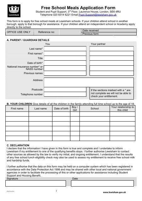 Free School Meals Application Form