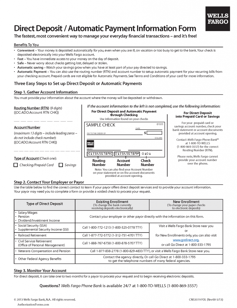 Free Wells Fargo Direct Deposit Authorization Form PDF
