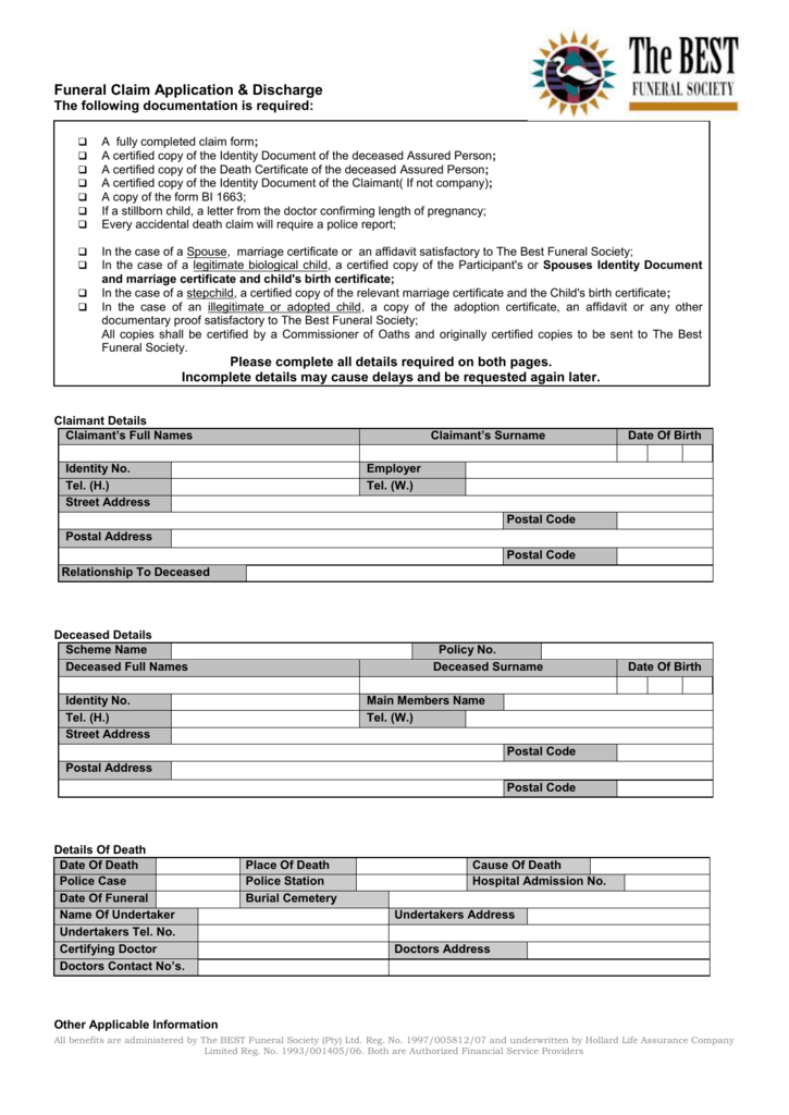 Funeral Claim Application Form 2021 Image To U