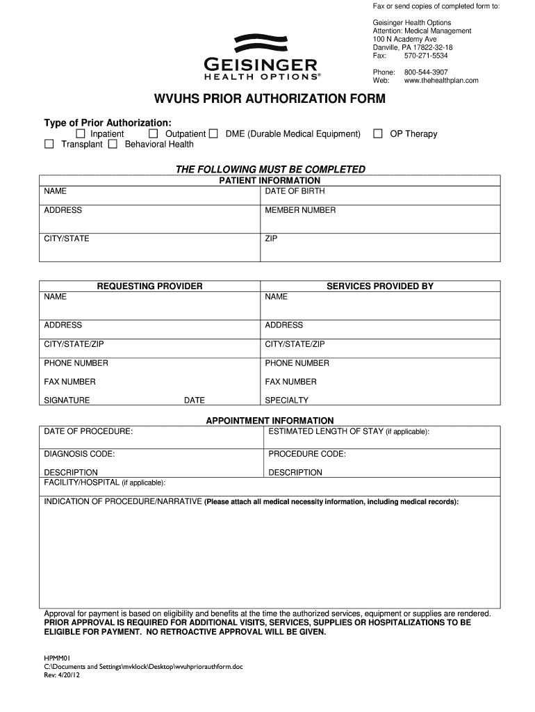 Geisinger Health Plan Prior Authorization Form Fill Online Printable