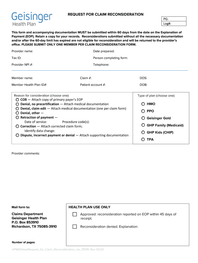 Geisinger Health Plan Request For Claim Reconsideration 2020 2022