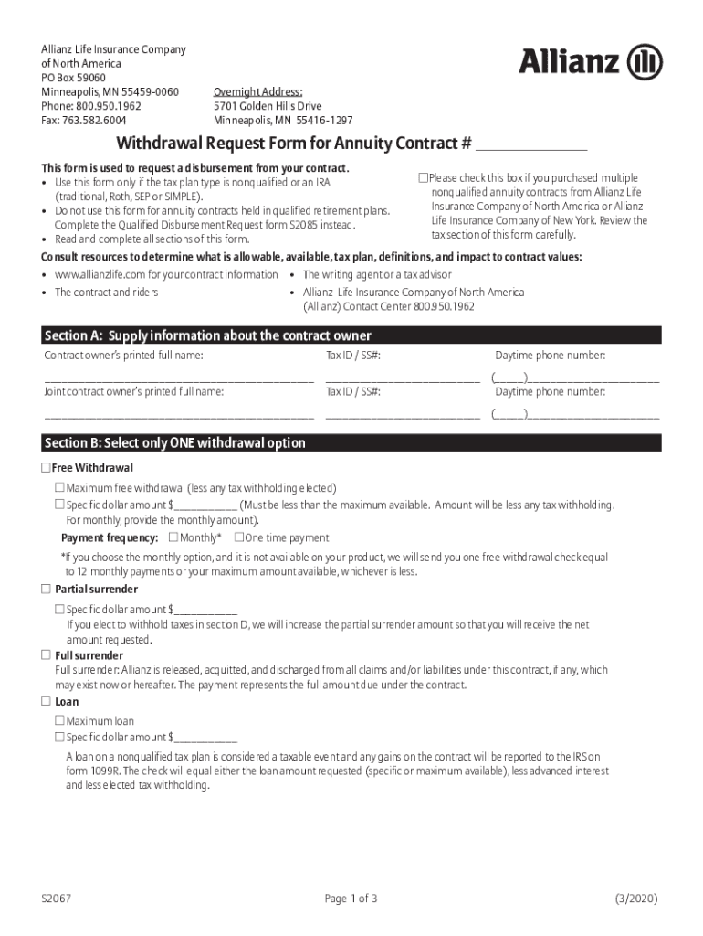 Get Allianz S2067 Form 2020 And Fill It Out In February 2023 Pdffiller