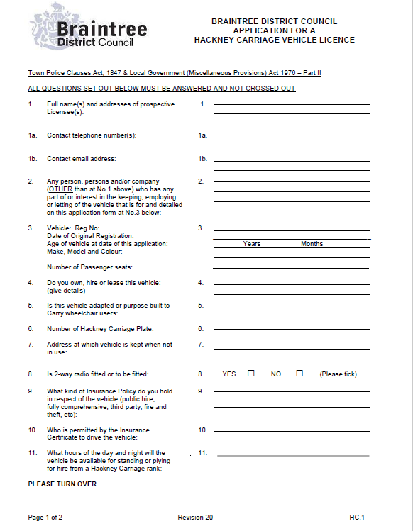 Hackney Carriage Vehicle Application Form Braintree District Council