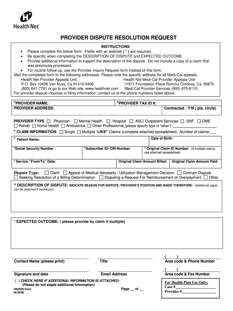 Health Net Provider Dispute Resolution Form Fill Out Sign Online 