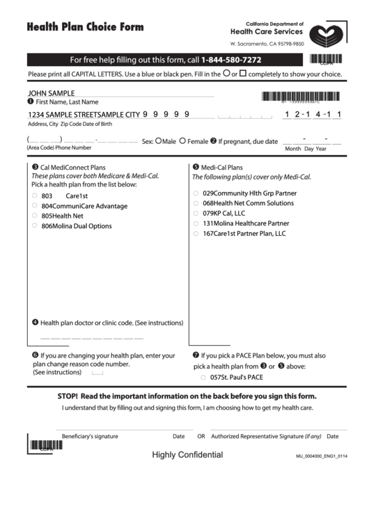 Health Plan Choice Form Printable Pdf Download