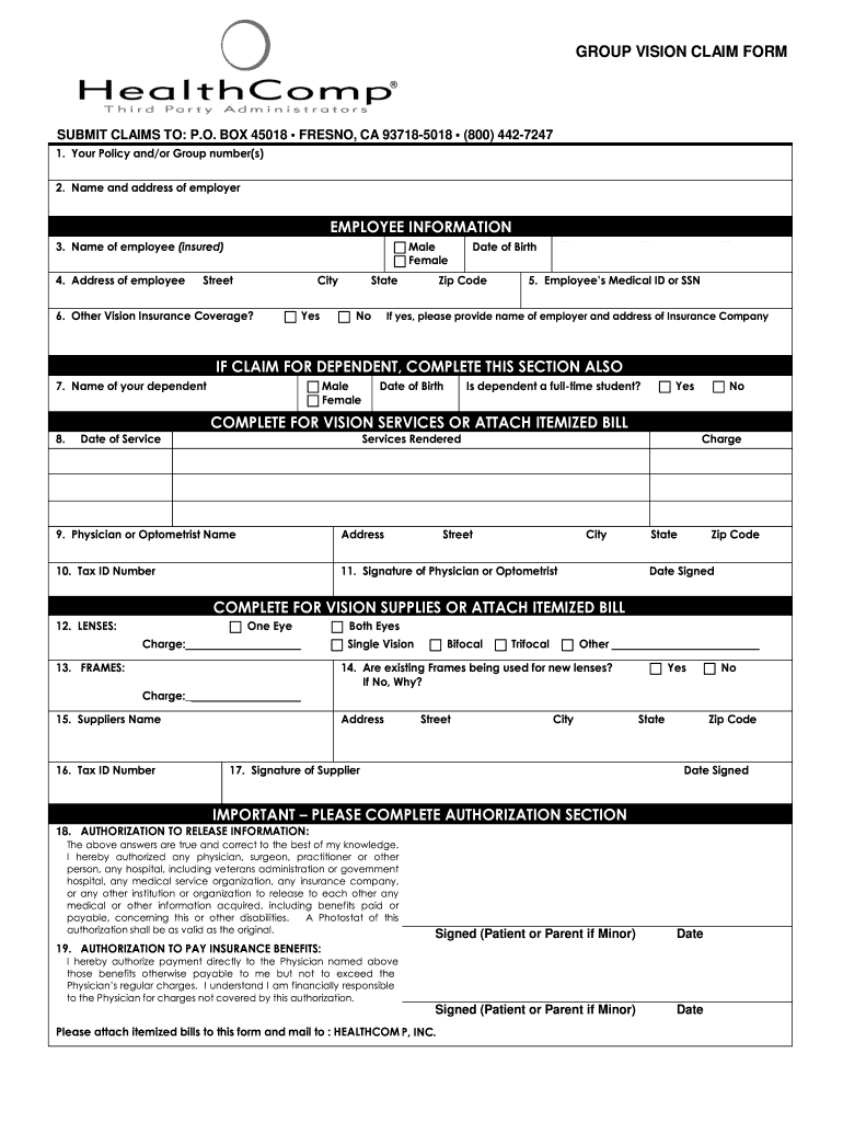 Healthcomp Vision Fill Online Printable Fillable Blank PdfFiller